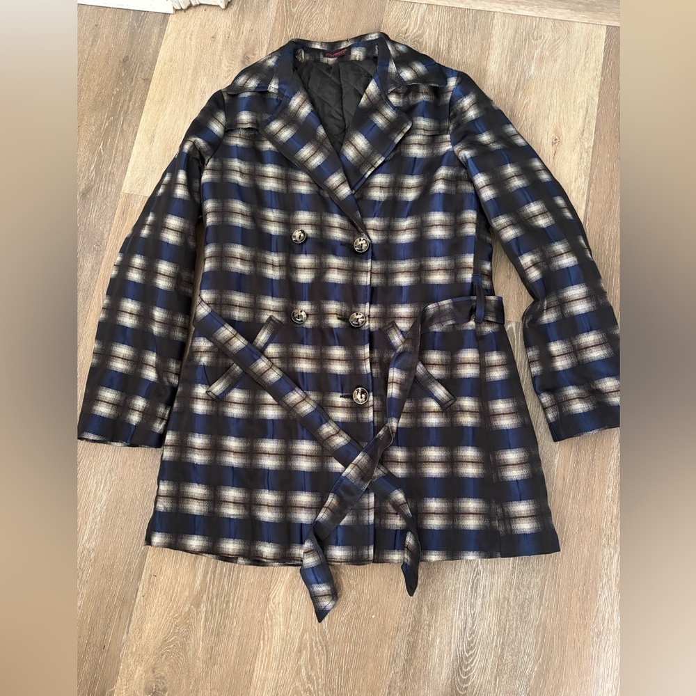Custo Barcelona Blue and Black Plaid Trench Coat